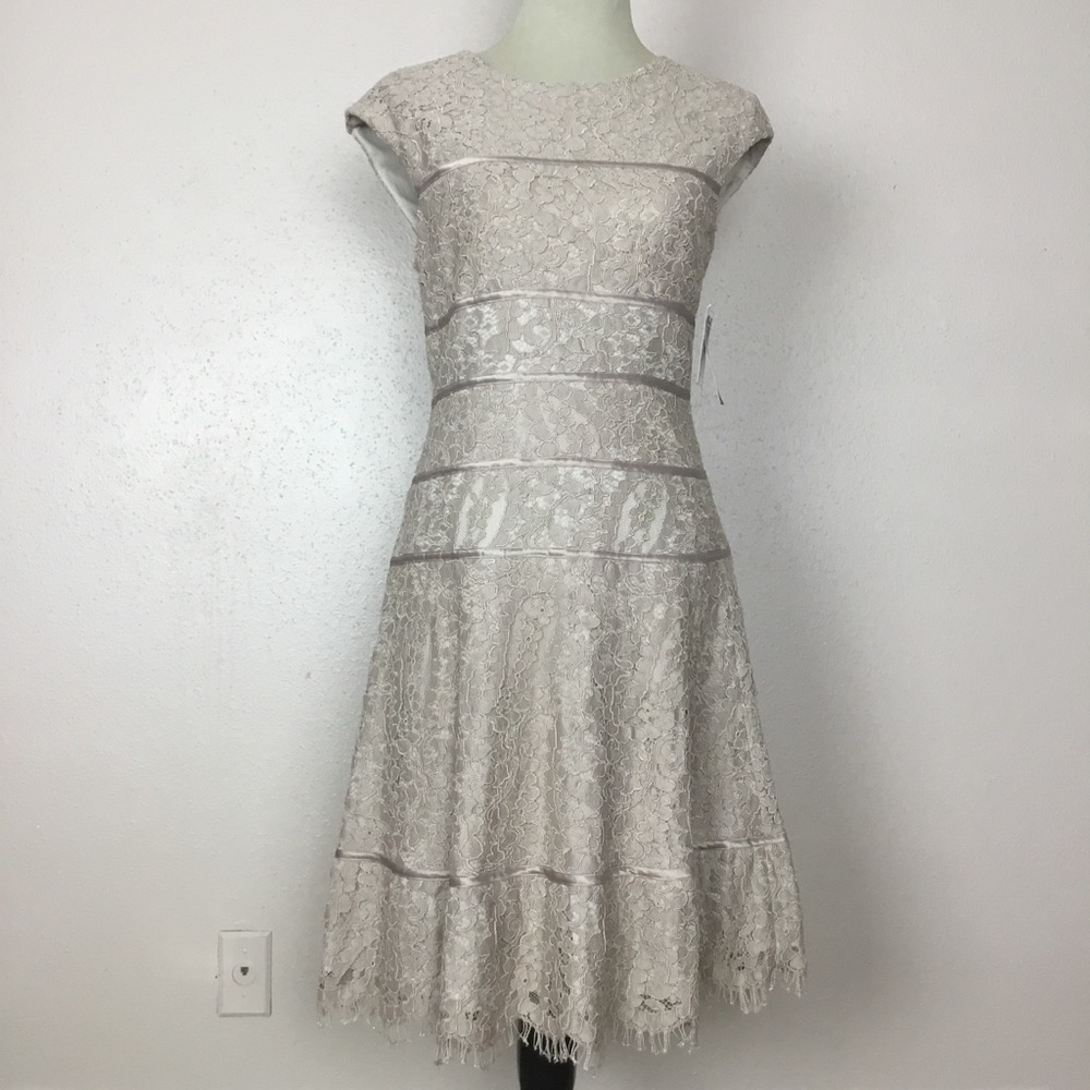 Alex Marie Evenings Champagne Lace Dress Size 6 Fringe lace hem